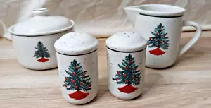 Folk Craft Holiday Stoneware Christmas Tree Creamer Sugar Bowl Salt Pepper READ - Picture 1 of 13