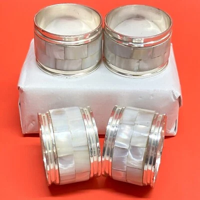 Crate & Barrel Mother of Pearl Abalone Napkin Ring Holders Silverplate White Set - Image 1 of 3