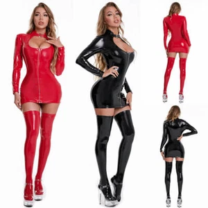 Ladies Shiny Wet Look PVC Leather Mini Dress Zipper Front Bodycon Dress Clubwear - Picture 1 of 14