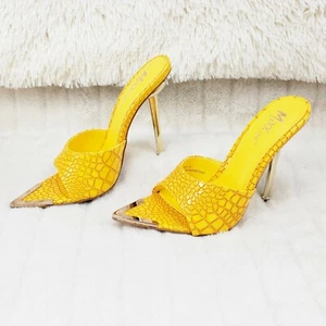 Venus Yellow Slim High Heel Pointy Toe Slip On Sandals Slides Clogs - Picture 1 of 11