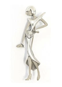 Silver Art Deco Brooch, Suited Lady with Frosted Skin tone features - Picture 1 of 5