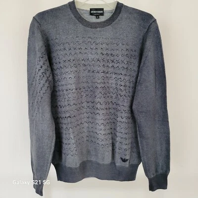 New Emporio Armani Gray Knit Printed Crew Neck Fine Wool Pullover. Italy. - Image 1 of 4