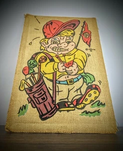 Vintage Tandy Corp Golfer Golf Burlap Art Bulletin Tac Board 17"x 11.25" - Picture 1 of 7