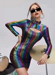 Multicolour Zip Front Peekaboo Holographic Metallic Bodycon Dress. L. New. PU1 - Picture 1 of 2