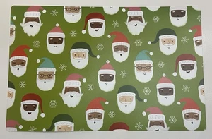 SANTA FACES PLACEMATS (Set of 4) Black Santas Red Green Smiling 17-inch  *NEW* - Picture 1 of 6