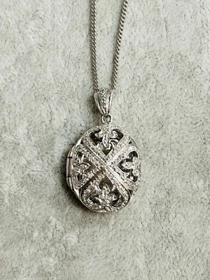 Chuck Clemency STS 925 Silver Diamond Oval Locket Pendant Filigree 24” Chain - Image 1 of 4