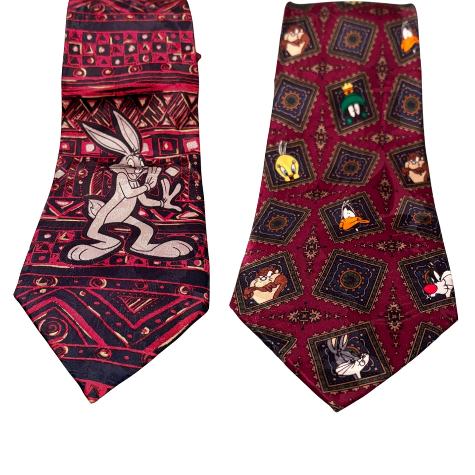 Lote de 2 corbatas de cuello vintage Looney Tunes Bugs Bunny Taz rojo piolín 1995, 1994 seda Foto 1 de 4