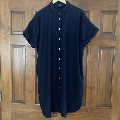 JCrew 100% Linen Navy Button Front Shift Dress Women’s Size XL Short Sleeve  - Image 1 of 4