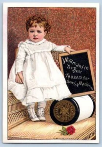 TARJETA COMERCIAL VICTORIANA LITOGRAFÍA BENCKE PIZARRA NIÑA PIZARRA HILO WILLIMANTIC* - Imagen 1 de 2