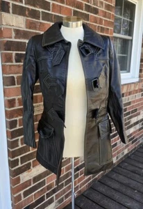 Vintage Stewarts Leather Coat Made In Israel 70's Belt Straps Pockets Dark - Picture 1 of 24