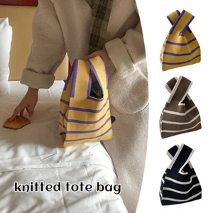 Women Fashion Knitted Handbags Mini Knot Wrist Bag Stripe Casual Shopping Bag - Picture 1 of 17