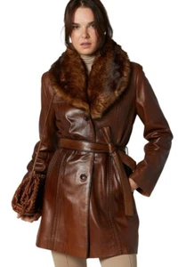 Women's Genuine Real Leather Fur Collar Belted Long Brown Leather Trench Coat - Picture 1 of 4