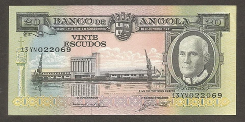 Angola 20 Escudos 10.6.1962; EF; P-92; L-B418a; Crane, Silos; Antelopes Cover