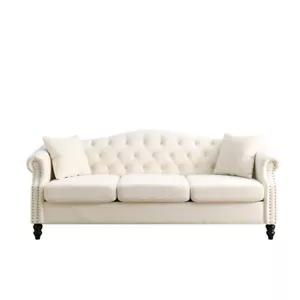Chesterfield 3 Seater Velvet Sofa Button Tufted Couch with Nailhead Arms Pillows - Picture 1 of 18