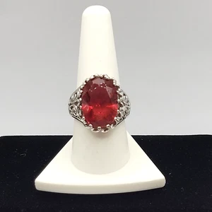 Pink Faceted Glass Simulated Gemstone Large Stone Silver Tone Ornate Ring Size 9 - Picture 1 of 20