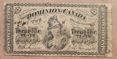 1870 Dominion of Canada 25 Cents Note Shinplaster Quarter Dollar .25 Canadian - Image 1 of 4