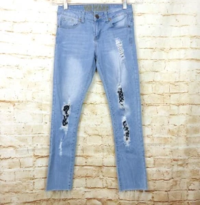 VIP Jeans Juniors Size 1 Light Blue Distressed Mesh Net Skinny Grunge Rock - Picture 1 of 11