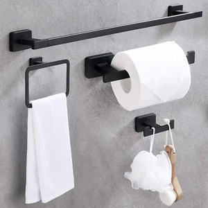 4 Piece Bathroom Hardware Accessories Set Matt Black Stainless Steel Towel Bar - Picture 1 of 12