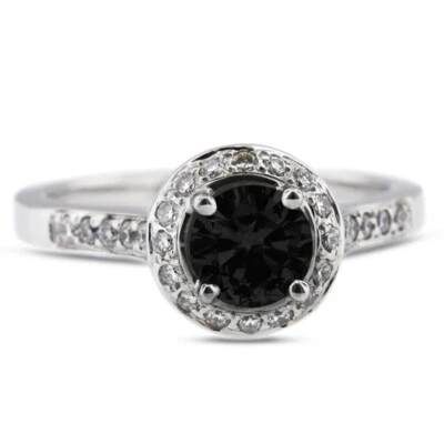 3.59ct Black  Round Cut Natural Certified Diamonds 14k Gold Halo Side-Stone Ring - Image 1 of 4
