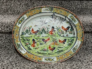LARGE Antique 19th c Chinese Canton Famille Rose Rooster Cabbage Plate 16'' - Picture 1 of 10