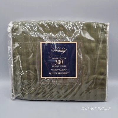 NEW Nobility Olive "Dobby Stripe" Queen Bedskirt, 100% Cotton, 300 Thread Count - Image 1 of 4