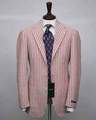 LeisureSeersucker Men Suits 2 Pieces Party Summer Jacket Wedding Groom Tuxedos - Image 1 of 4