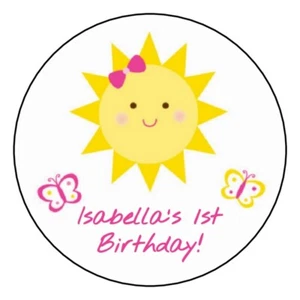 12 Personalized Sunshine Birthday Party Stickers Favors Label 2.5" sun butterfly - Picture 1 of 1