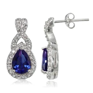 Sterling Silver Created Blue Sapphire and White Topaz X and Teardrop Earrings - Picture 1 of 4