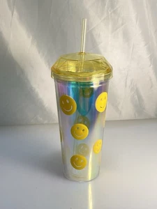 Happy Emoji Plastic Insulated Tumbler W/ Lid & Straw 24 oz NEW - Picture 1 of 7