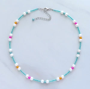 Seafoam rosa orange Halskette Perlen Kunstperlen grün weiß silber Ostern Frühling - Bild 1 von 3