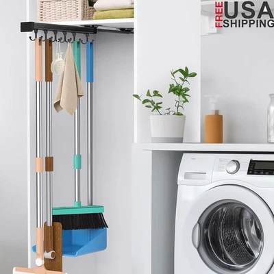 Soporte para escoba fregona extraíble estante de almacenamiento de aluminio ganchos ajustables estante deslizante Foto 1 de 4