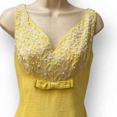 Vintage Mr. Frank New York 1960s Yellow Dress w/ White Beaded Bodice 34 Bust  - Image 1 of 4