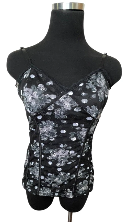 Vtg Y2K No Boundaries Babydoll Tank Top M 7/9 Lace Trim Mesh  Floral Polka Dot  - Image 1 of 4