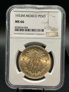 Mexico 1 Peso, 1933. MS 66. Silver Beautiful Golden Toning - Picture 1 of 3