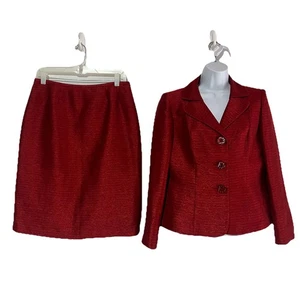 Kasper Polyester Rayon Skirt Suit 8P Red Shawl Collar Single Breasted Lined 2PC - Picture 1 of 10