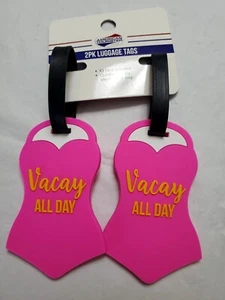 American Tourister Luggage Tags ID 2 Pack Bright Pink Swimsuit "Vacay All Day" - Picture 1 of 6