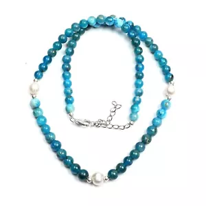 Blue Agate & Pearl Beaded Necklace 16 Inches With 925 Silver Lock 5 MM & 6 MM - Picture 1 of 3