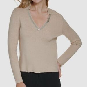 $80 Calvin Klein Women's Beige Sequin Trim Collared V-Neck Sweater Size XL