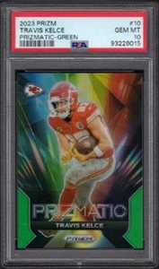 Tarjeta de fútbol americano Travis Kelce Panini Prizm 2023 #10 verde prizmático graduada PSA 10 - Imagen 1 de 2