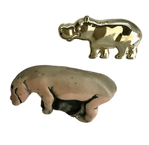 Hippos - Vintage Gold Tone, Ceramic & Enamel Hippopotamus Brooches/Pins