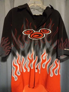 Walt Disney World Mickey Red Black Flames Hawaiian Button Down Large RARE XL! - Picture 1 of 3