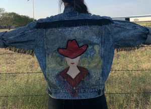 Vtg Hand Painted Cowgirl Western Movie Denim Fringe Jean Jacket Edwin Large OOAK - Picture 1 of 17