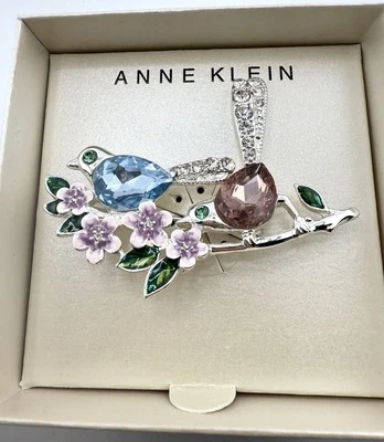 Anne Klein Rhinestone Floral Birds On Branch Springtime Brooch New With Tags 3x2 - Image 1 of 4
