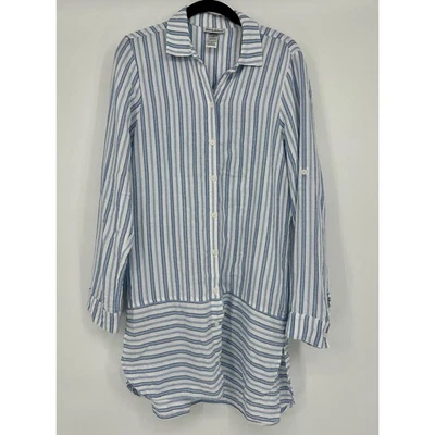 Tommy Bahama 条纹纽扣束腰衬衫 S 码蓝色白色棉混纺 — 第 1/4 张图片