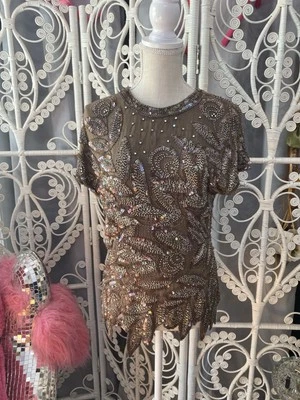 VTG 80’S SEQUIN BEADED JEWELED BROWN SILK PARTY BLOUSE TOP XS SMALL - Image 1 of 4