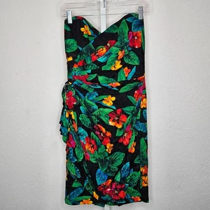 Vintage A.J. Bari Petites 100% Silk Strapless Tropical Floral Cocktail Dress 10 - Picture 1 of 7