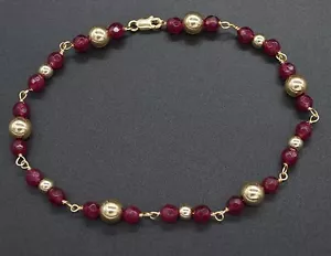 NEW 14K Solid Yellow Gold and Natural Ruby Round Bead Bracelet 7 1/2" - Picture 1 of 5