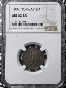 1907 Norway 2 Ore NGC MS62BN Lot#A7347 Nice UNC! - Picture 1 of 3