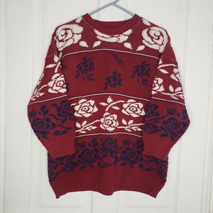 Vintage 80s Sweater Rose Floral Red Bedford Fair Womens Pullover 3/4 Sleeve - Picture 1 of 4