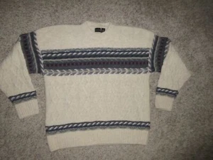 VTG STRUCTURE 100% WOOL CREW NECK PULLOVER CABLE KNIT SWEATER MEN XL CREAM BLUE - Picture 1 of 4